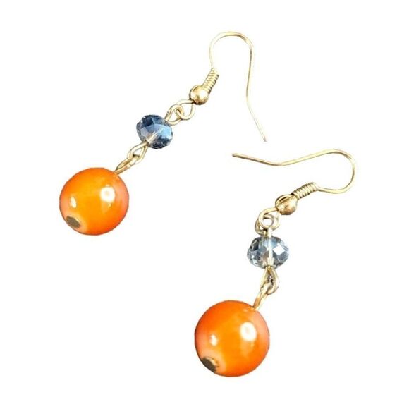 Vintage Jewelry - VINTAGE Gold-Tone with Bead and Faceted Orange Gem Dangle Pierced Earrings